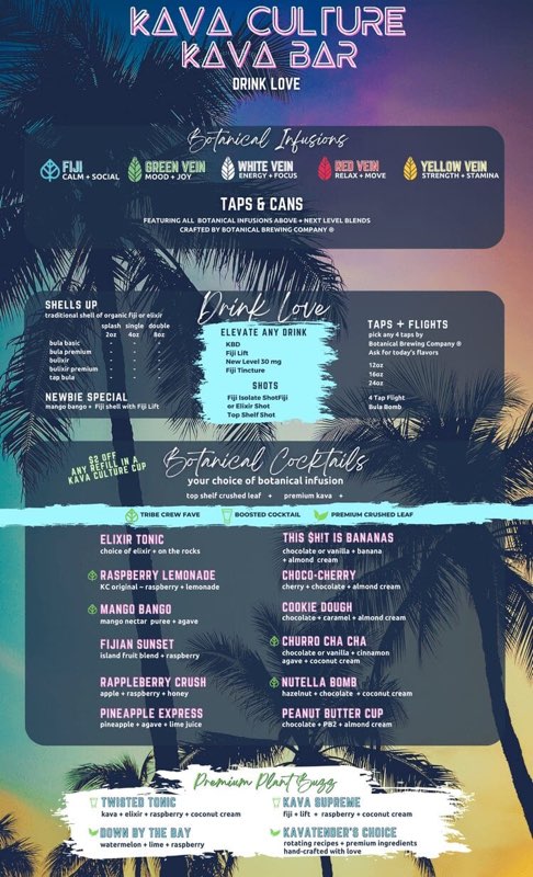 Kava Culture botanical infusions menu board